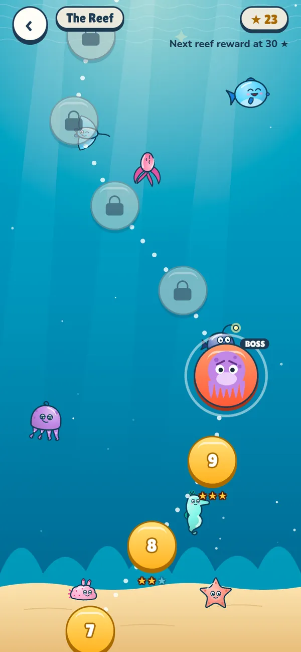 The Journey reef map, with numbered levels and a boss octopus